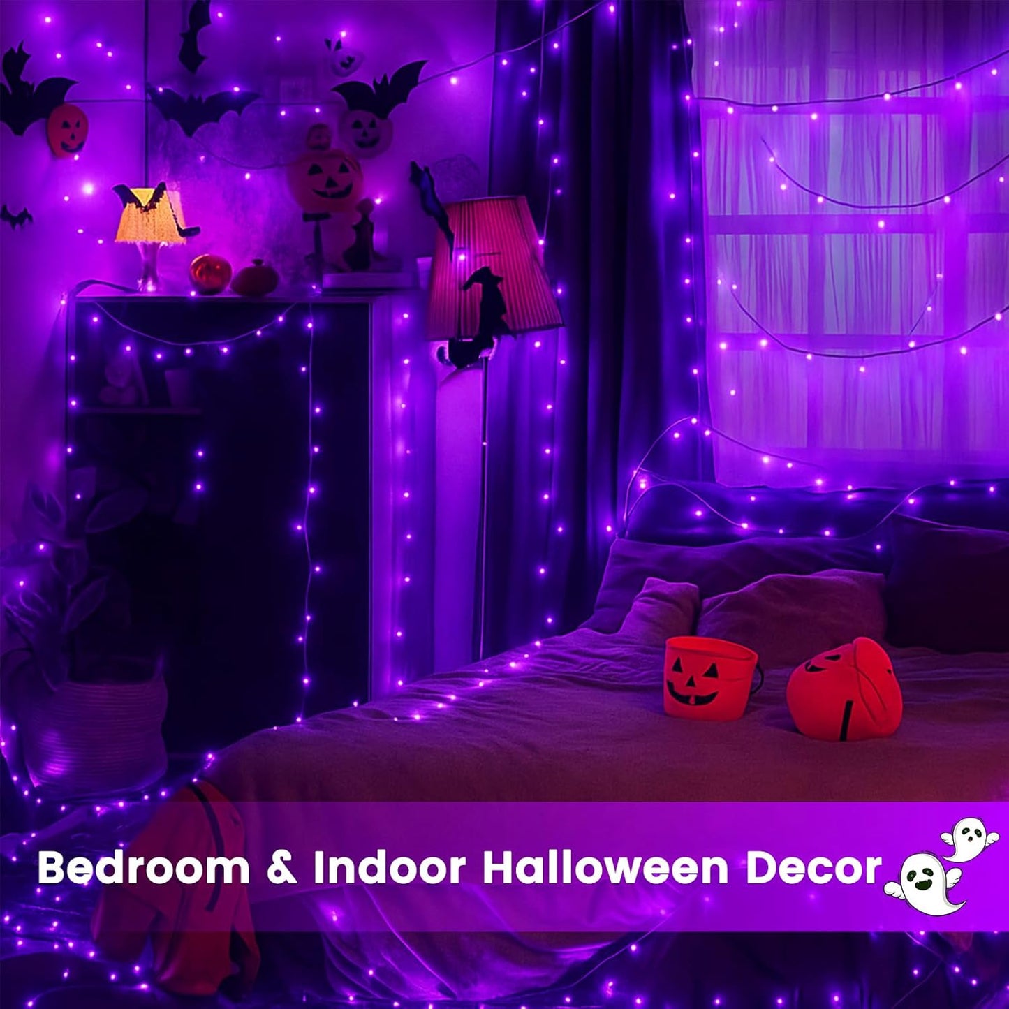 Purple Extra-Long 66FT 200 LED Halloween Lights for Indoor/Outdoor, Super Bright 8 Lighting Modes Plug in String Lights for Halloween Decorations Bedroom Party Garden Patio Tree (Purple)