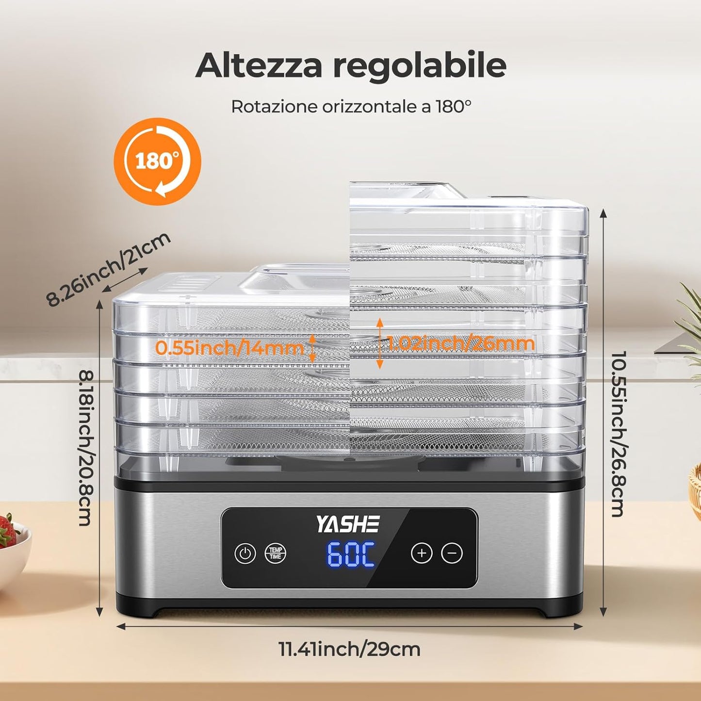 Essiccatore Alimentare, 5 Vassoi in Acciaio Inox, Timer E Temperatura Regolabili, Flusso D’Aria a 360°, Senza BPA, 400W Essiccatore Frutta E Verdura, Carne, Erbe, Snack per Cani