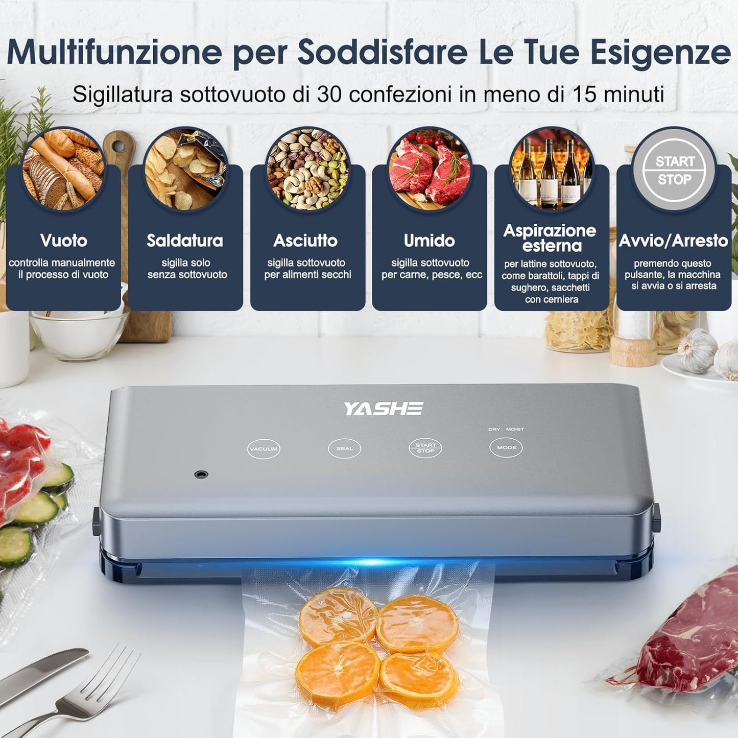 Macchina Sottovuoto Alimenti Con Modalità Secco E Umido, Macchina Sottovuoto Multifunzione 5 in 1 Sigillatrice per Cottura Sous Vide E Conservare Carne, Pesce, Frutta E Verdura