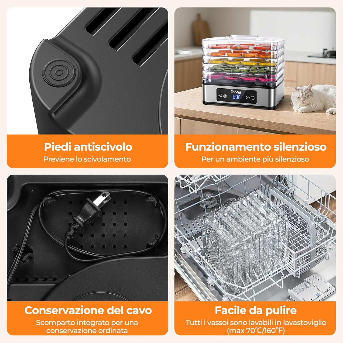 Essiccatore Alimentare, 5 Vassoi in Acciaio Inox, Timer E Temperatura Regolabili, Flusso D’Aria a 360°, Senza BPA, 400W Essiccatore Frutta E Verdura, Carne, Erbe, Snack per Cani