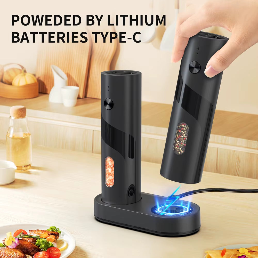 2Pcs/Set USB Rechargeable Automatic Pepper Grinder Salt and Pepper Mill Adjustable Coarseness Spice Grinder with LED for Kitchen