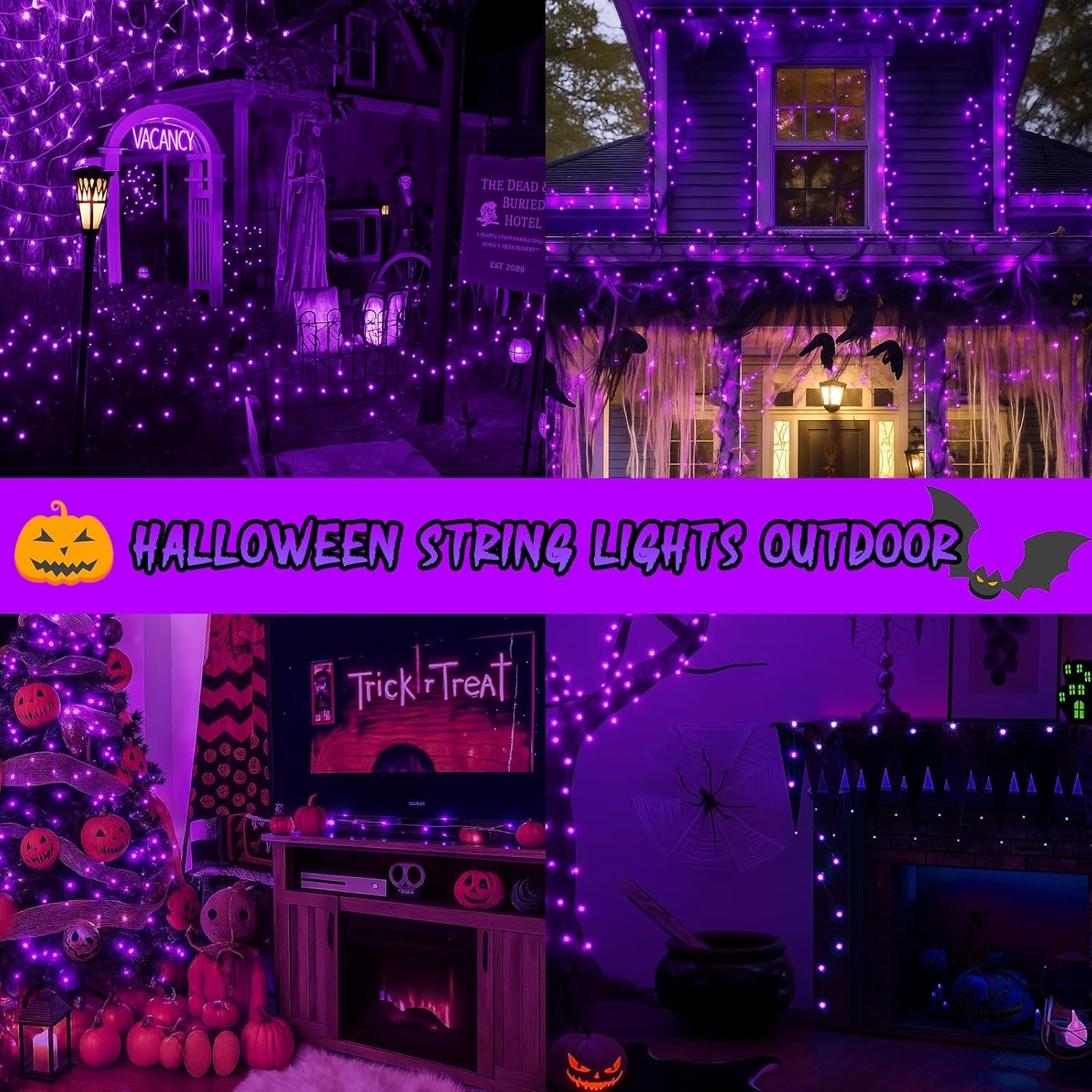Purple Extra-Long 66FT 200 LED Halloween Lights for Indoor/Outdoor, Super Bright 8 Lighting Modes Plug in String Lights for Halloween Decorations Bedroom Party Garden Patio Tree (Purple)