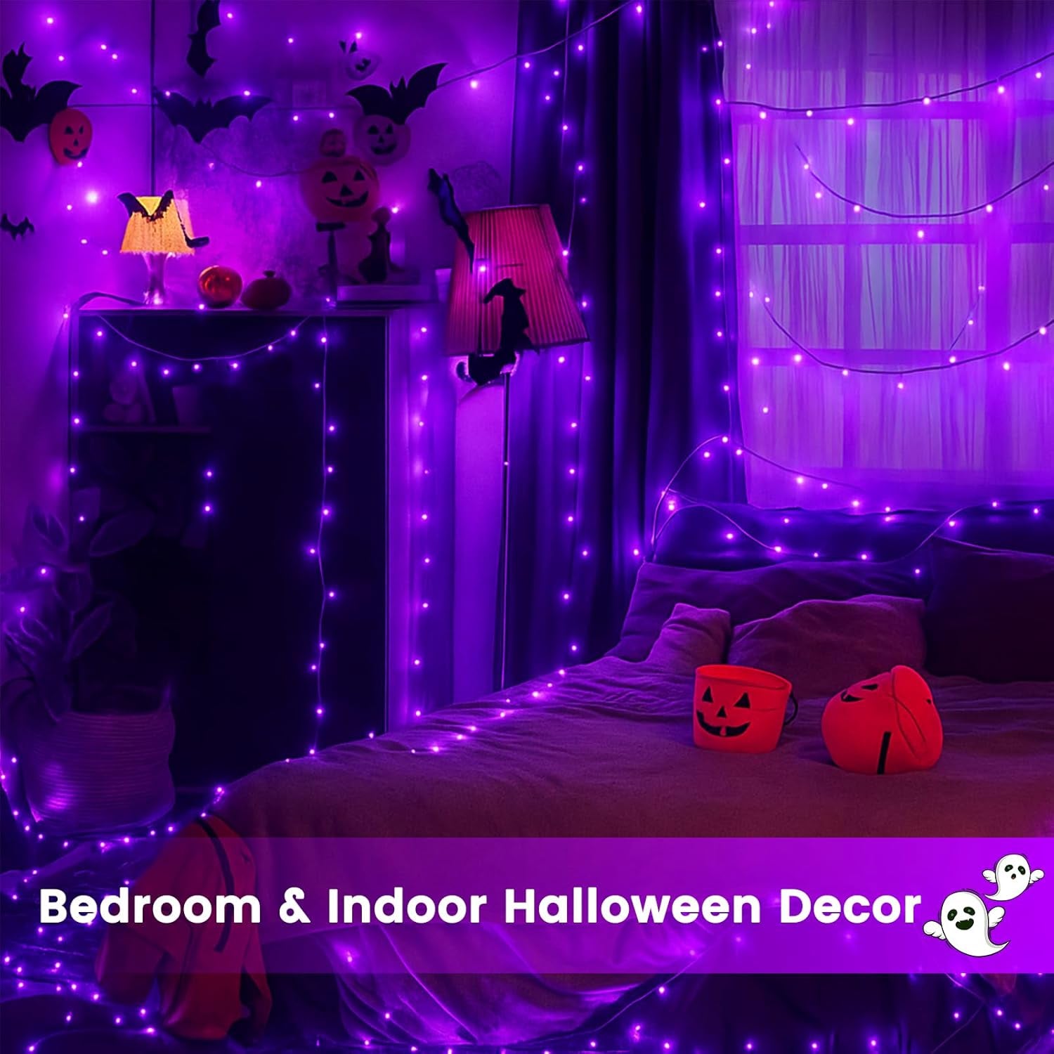 Purple Extra-Long 66FT 200 LED Halloween Lights for Indoor/Outdoor, Super Bright 8 Lighting Modes Plug in String Lights for Halloween Decorations Bedroom Party Garden Patio Tree (Purple)