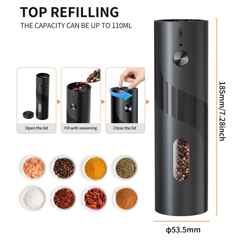 2Pcs/Set USB Rechargeable Automatic Pepper Grinder Salt and Pepper Mill Adjustable Coarseness Spice Grinder with LED for Kitchen