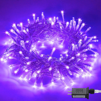 Connectable 100 LED Purple Halloween Lights Indoor, 8 Modes Plug in Purple Christmas String Lights Clear Wire, 33Ft Christmas Tree Light Outdoor for Halloween Tree, Garden, Bedroom