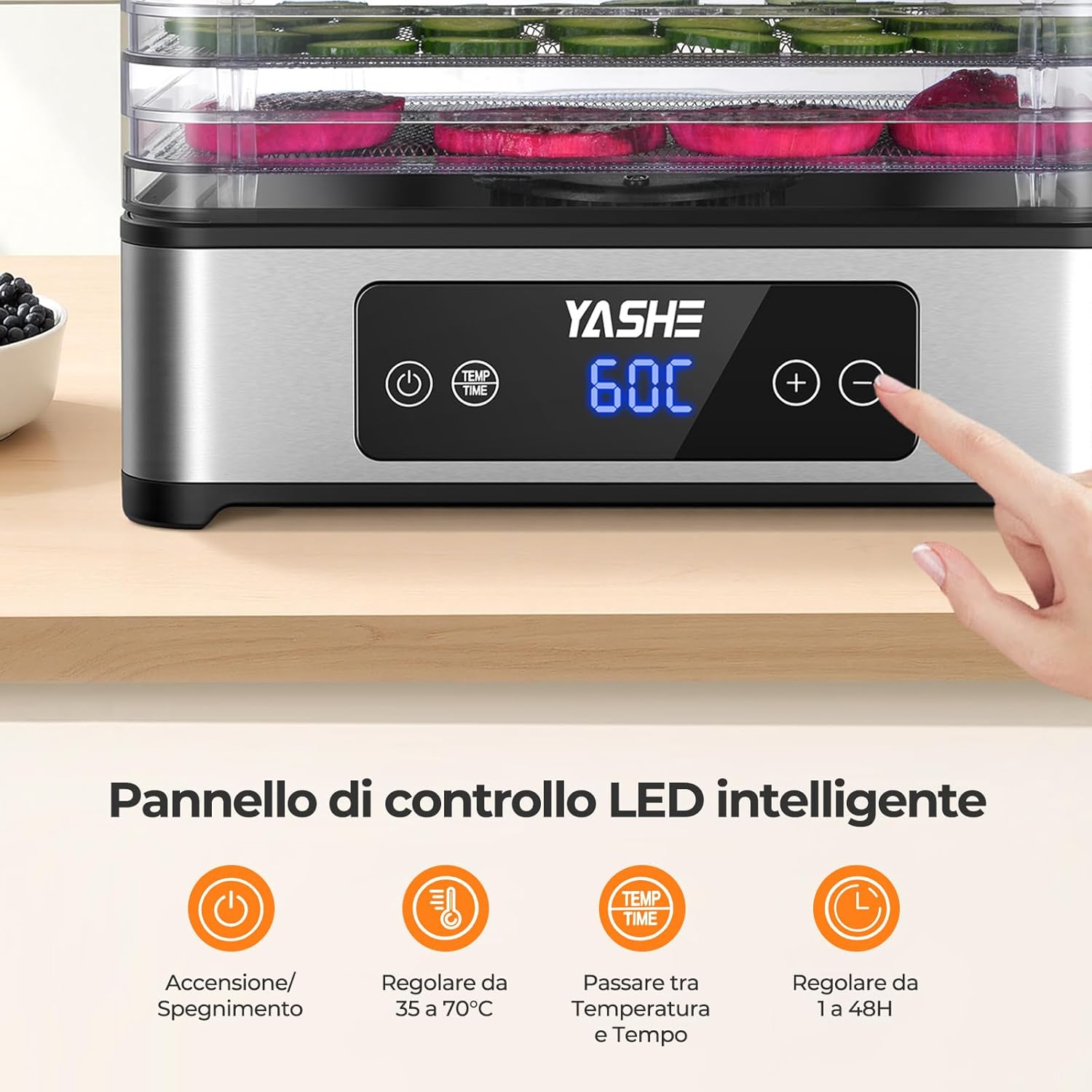 Essiccatore Alimentare, 5 Vassoi in Acciaio Inox, Timer E Temperatura Regolabili, Flusso D’Aria a 360°, Senza BPA, 400W Essiccatore Frutta E Verdura, Carne, Erbe, Snack per Cani