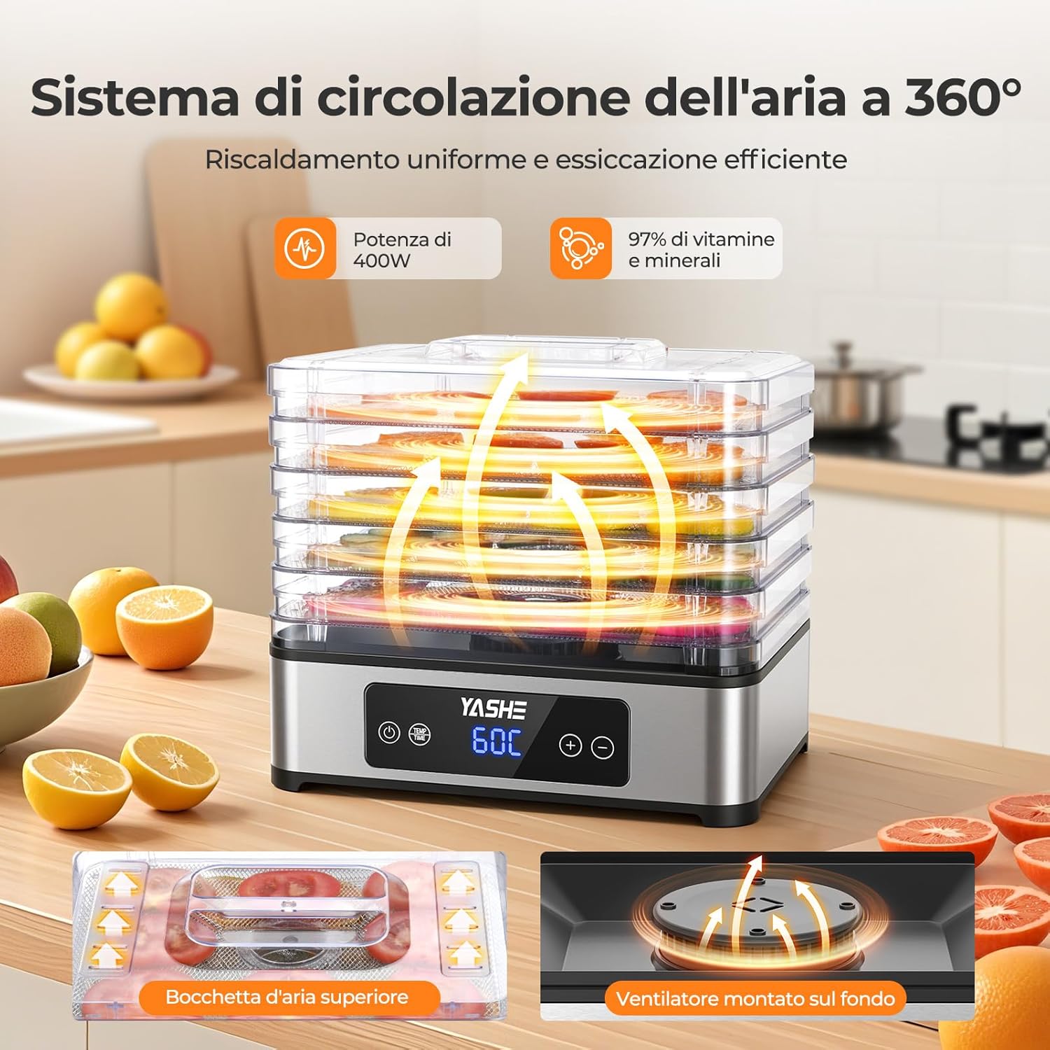Essiccatore Alimentare, 5 Vassoi in Acciaio Inox, Timer E Temperatura Regolabili, Flusso D’Aria a 360°, Senza BPA, 400W Essiccatore Frutta E Verdura, Carne, Erbe, Snack per Cani