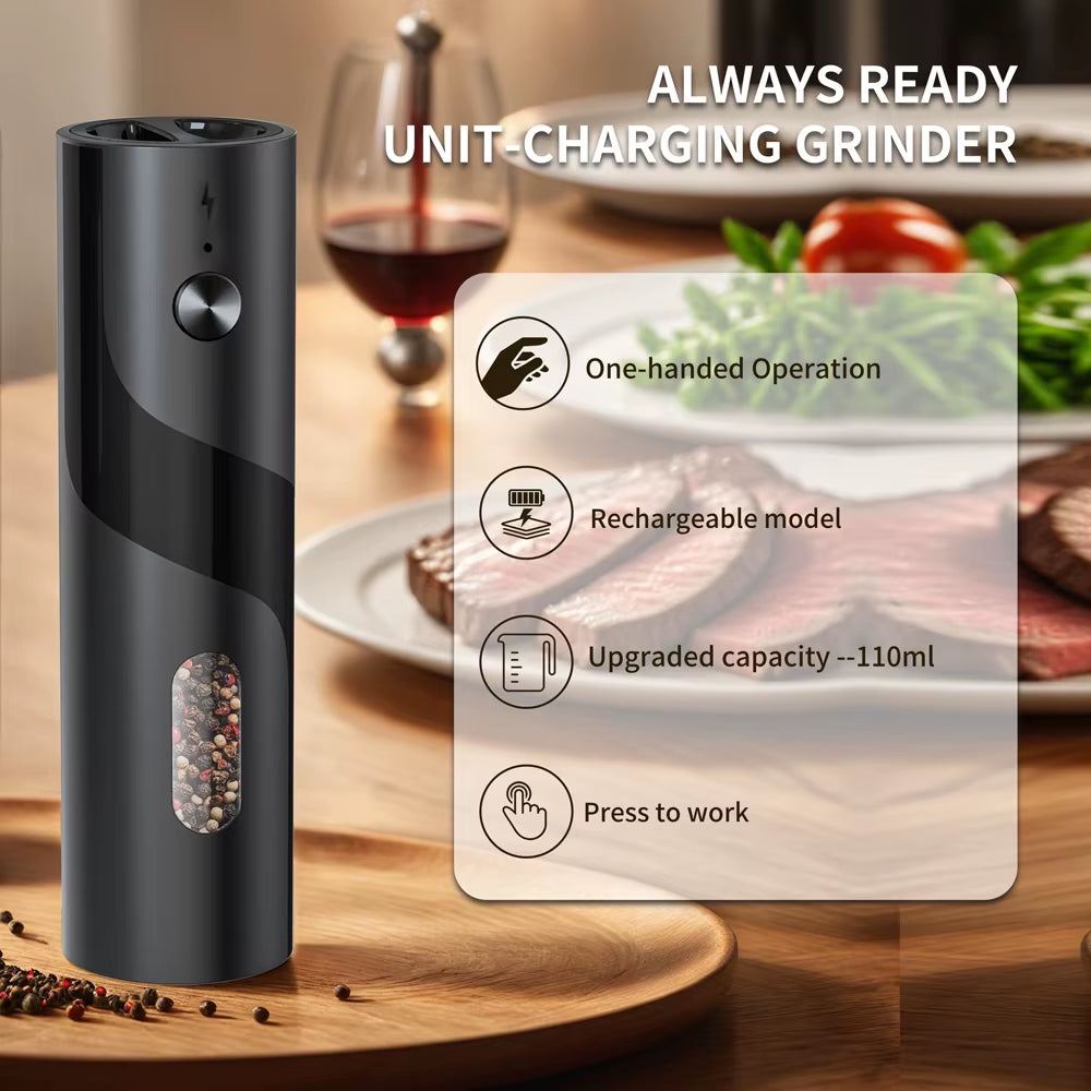 2Pcs/Set USB Rechargeable Automatic Pepper Grinder Salt and Pepper Mill Adjustable Coarseness Spice Grinder with LED for Kitchen