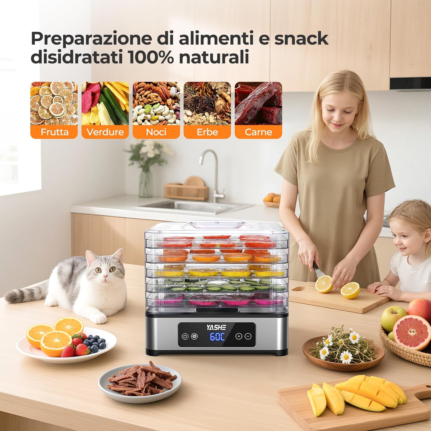 Essiccatore Alimentare, 5 Vassoi in Acciaio Inox, Timer E Temperatura Regolabili, Flusso D’Aria a 360°, Senza BPA, 400W Essiccatore Frutta E Verdura, Carne, Erbe, Snack per Cani