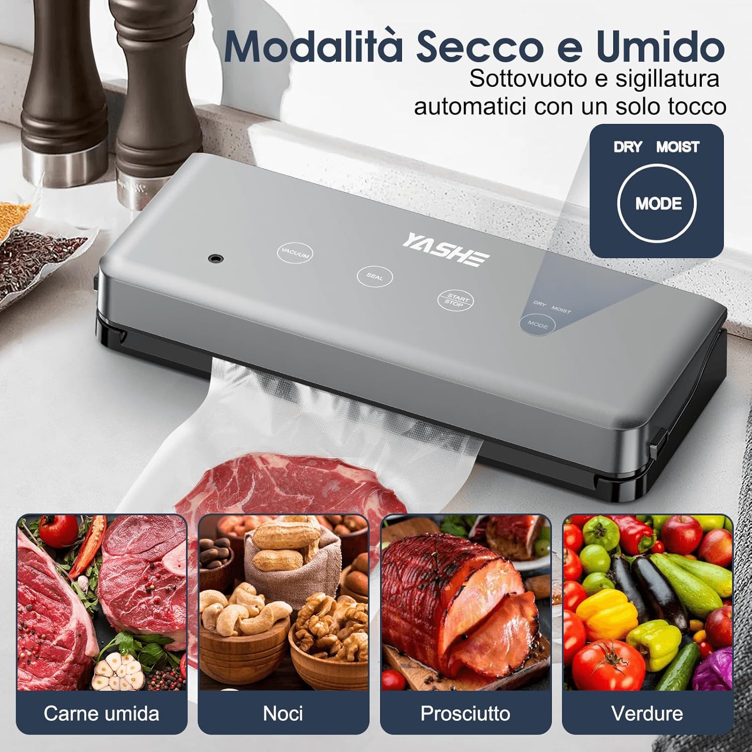 Macchina Sottovuoto Alimenti Con Modalità Secco E Umido, Macchina Sottovuoto Multifunzione 5 in 1 Sigillatrice per Cottura Sous Vide E Conservare Carne, Pesce, Frutta E Verdura
