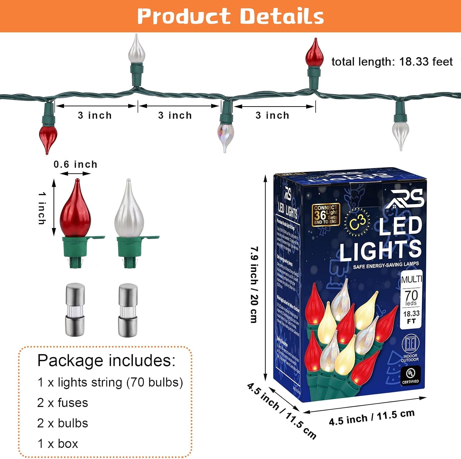 Christmas LED String Lights 18.33 Feet 70 Leds UL Certified Mini Bulbs Lights Set for Indoor Outdoor Christmas Thanksgiving Weddings Yard Xmas Tree Decor (Red, Warm White, White)