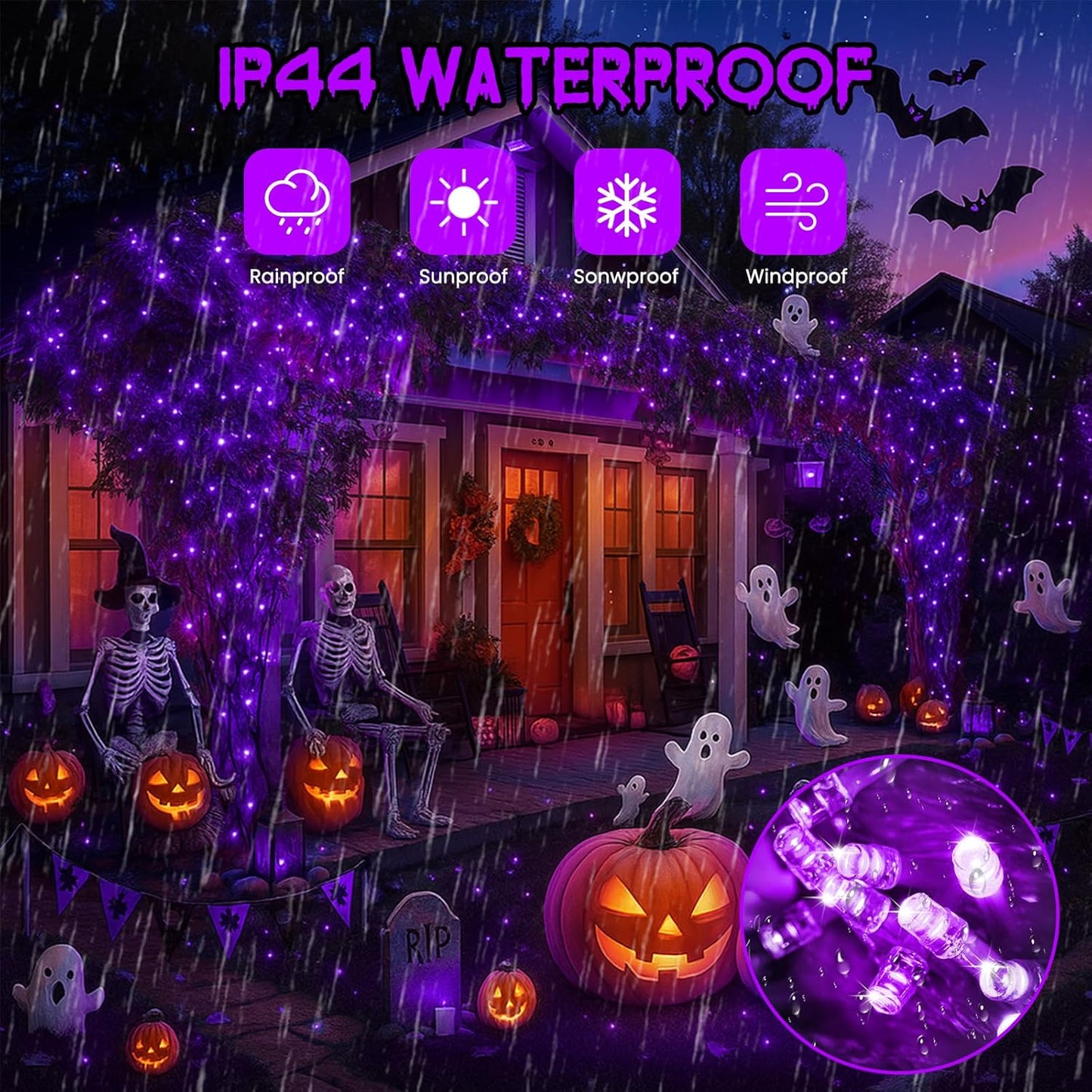 Purple Extra-Long 66FT 200 LED Halloween Lights for Indoor/Outdoor, Super Bright 8 Lighting Modes Plug in String Lights for Halloween Decorations Bedroom Party Garden Patio Tree (Purple)
