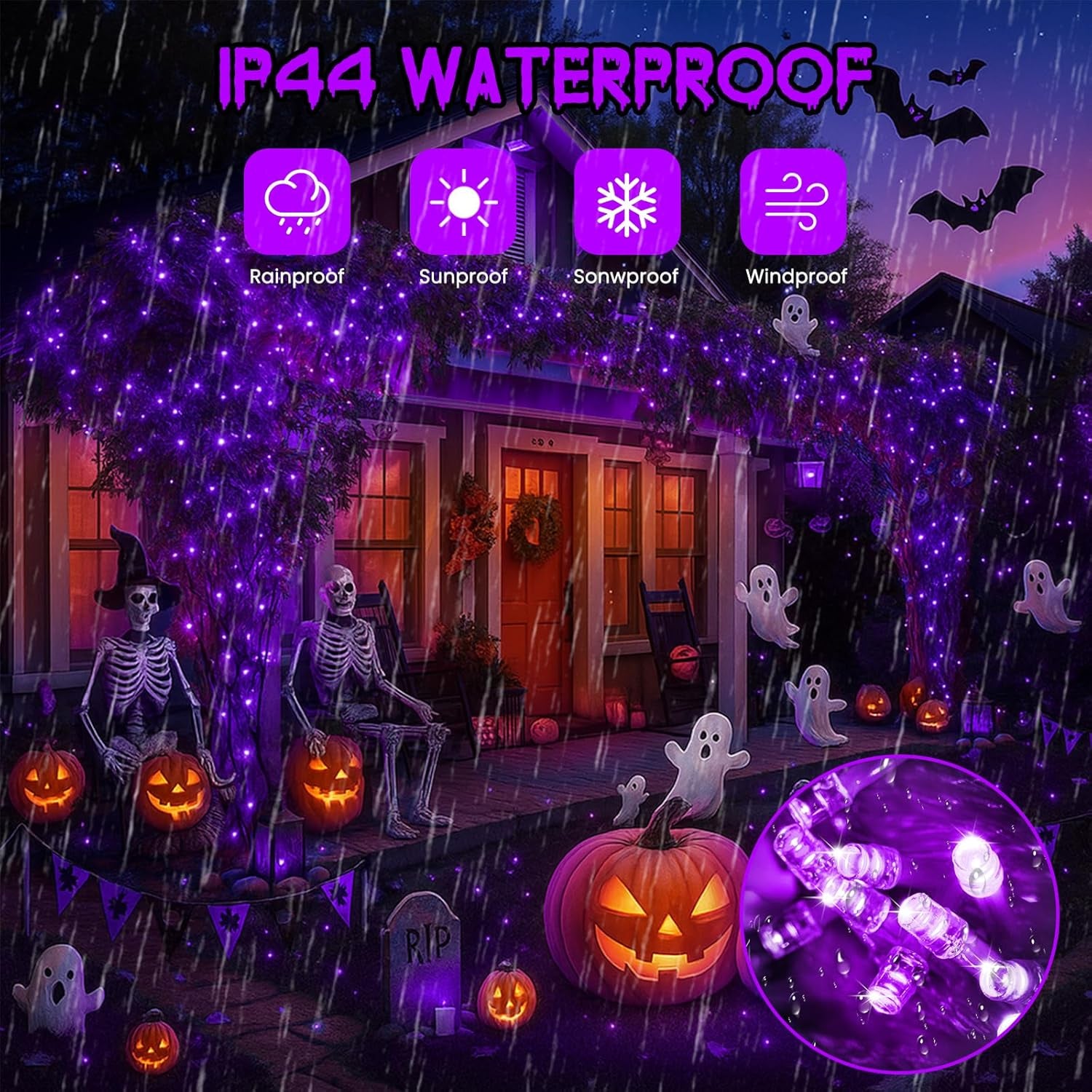 Purple Extra-Long 66FT 200 LED Halloween Lights for Indoor/Outdoor, Super Bright 8 Lighting Modes Plug in String Lights for Halloween Decorations Bedroom Party Garden Patio Tree (Purple)