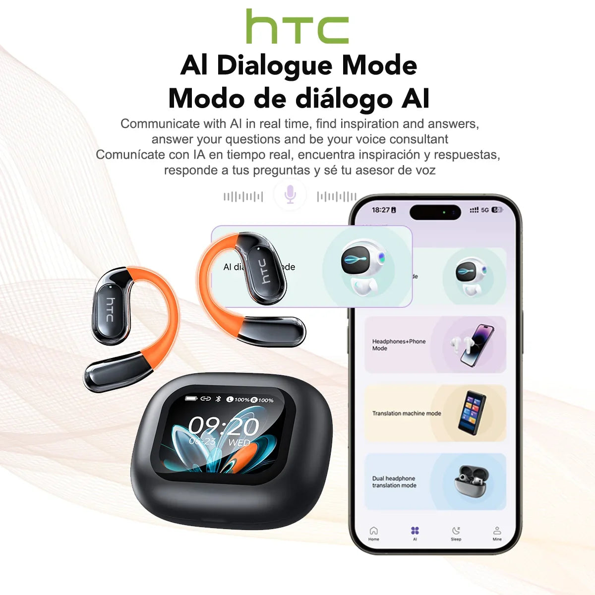 NE27 Wireless Headphones AI Translator Earbuds OWS Sports Bluetooth Earphones Glowing Earhook Customizable Wallpaper Screen