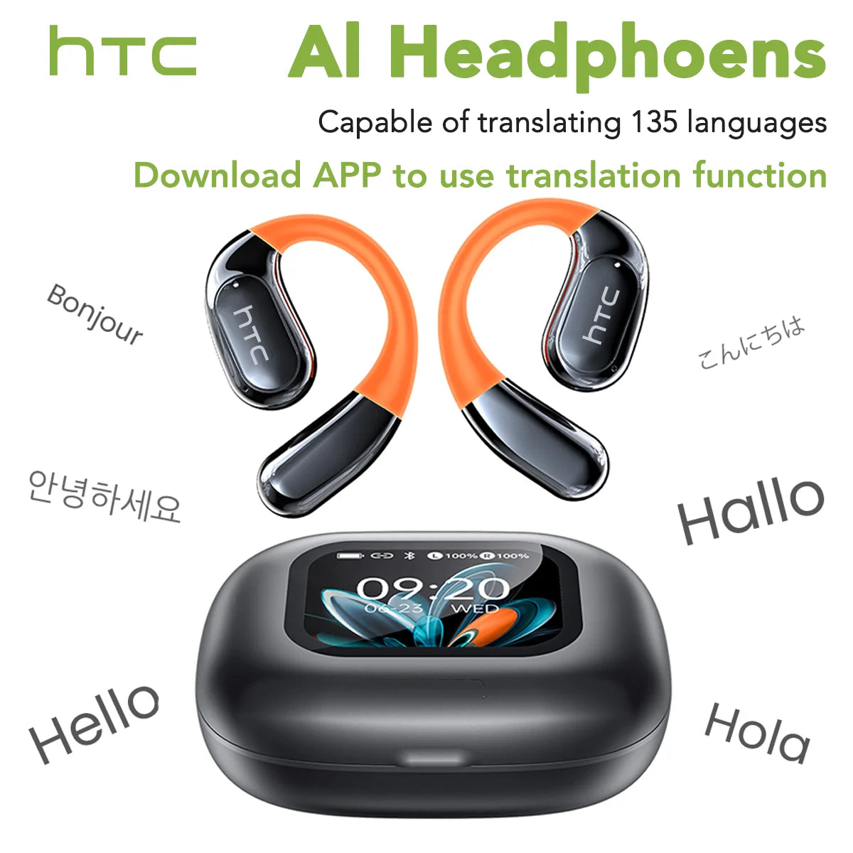 NE27 Wireless Headphones AI Translator Earbuds OWS Sports Bluetooth Earphones Glowing Earhook Customizable Wallpaper Screen