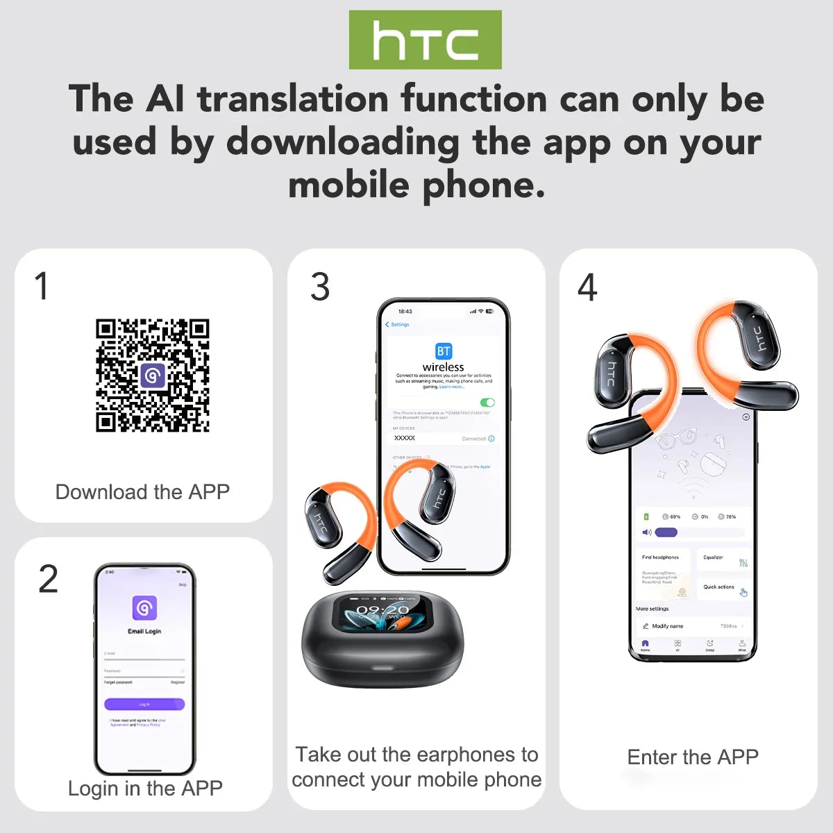 NE27 Wireless Headphones AI Translator Earbuds OWS Sports Bluetooth Earphones Glowing Earhook Customizable Wallpaper Screen