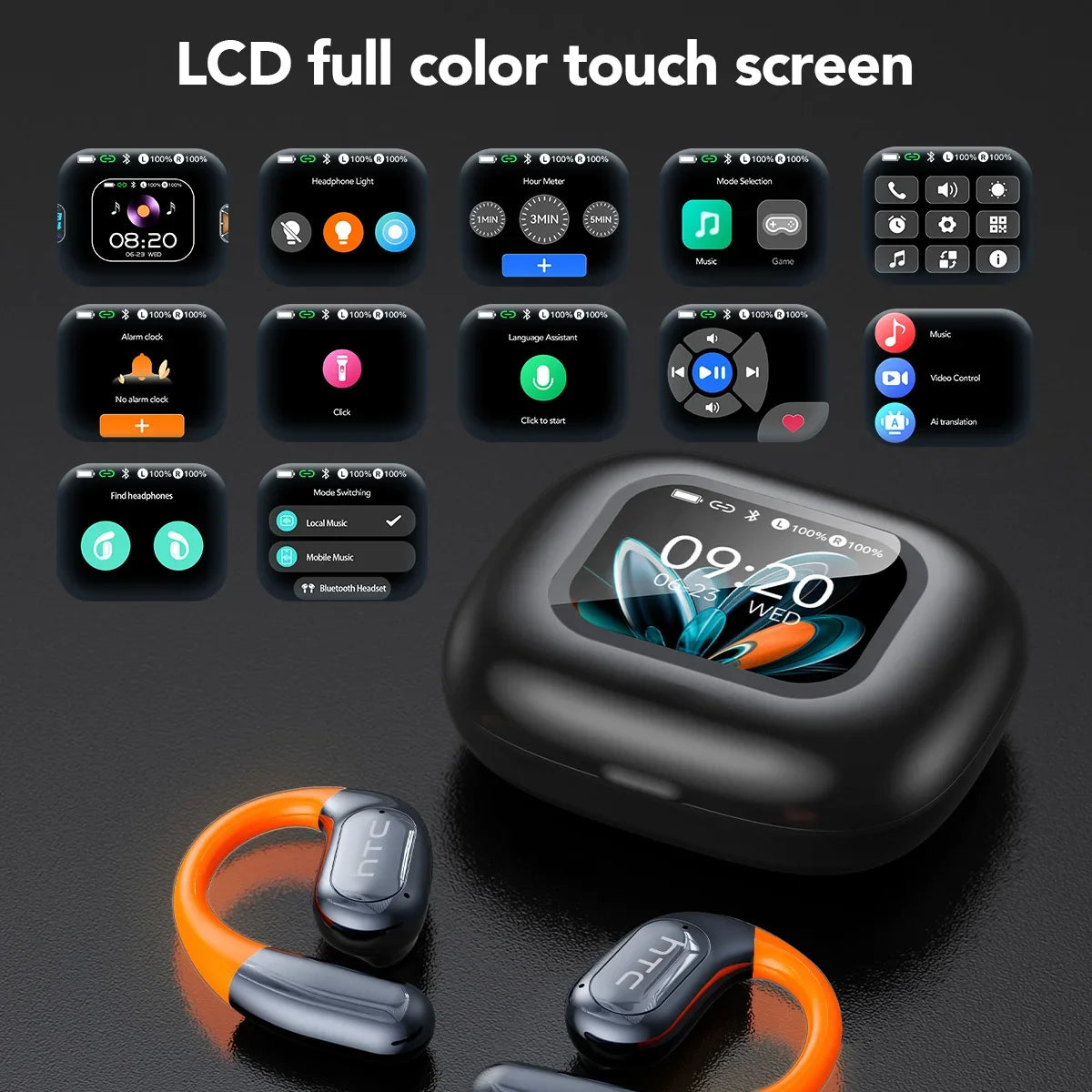 NE27 Wireless Headphones AI Translator Earbuds OWS Sports Bluetooth Earphones Glowing Earhook Customizable Wallpaper Screen