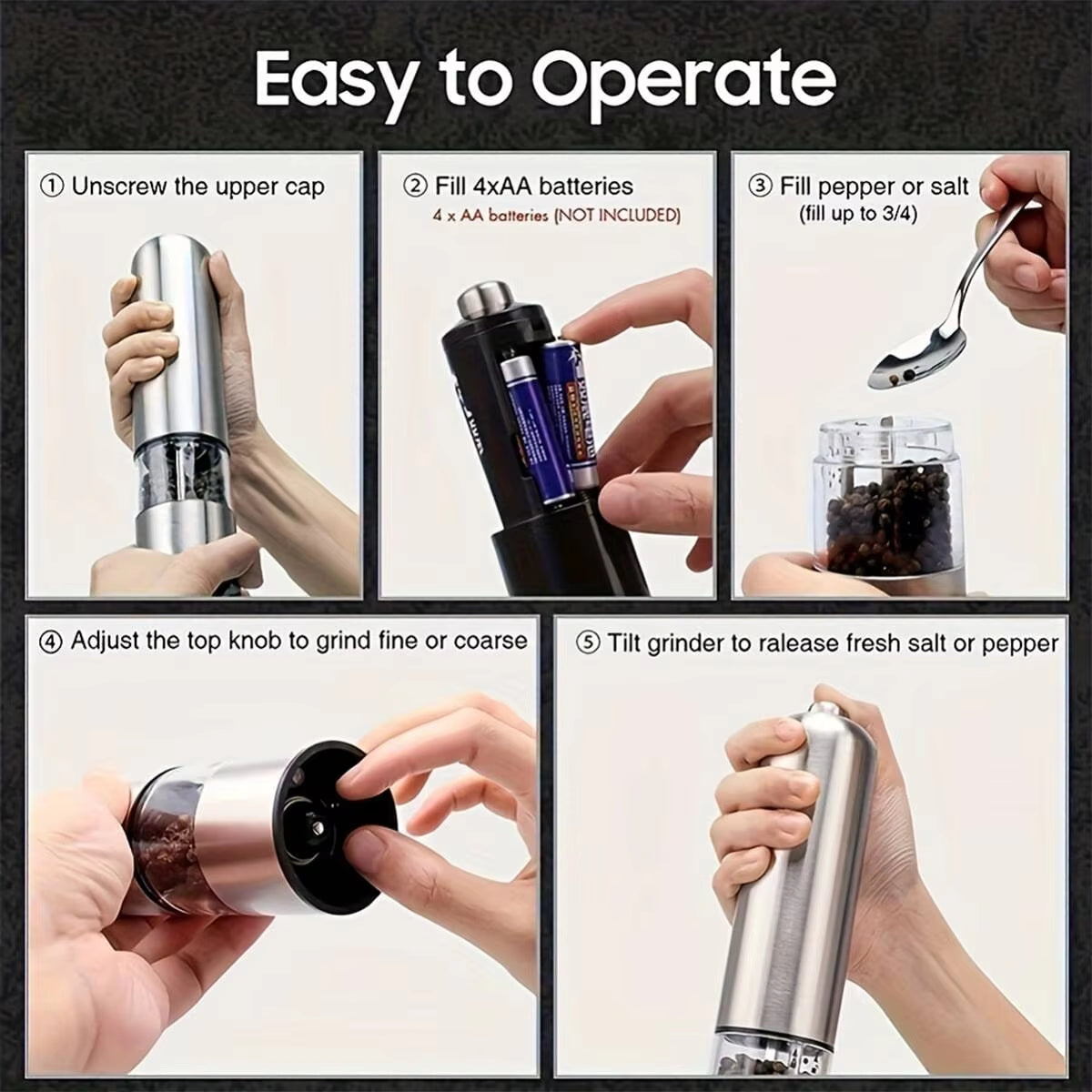 1/2PC Stainless Steel Electric Pepper Grinder Spices Sea Salt Kitchen Outdoor Barbecue Seasoning Coarser Adjustment Cooking Tool