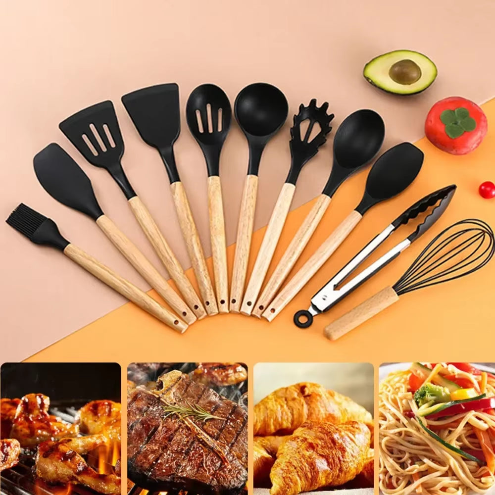 12Pcs Silicone Cooking Utensils Set for Handle Non Stick Pot Kitchenware Set Storage Bucket Resistant Accessoires Kitchenware