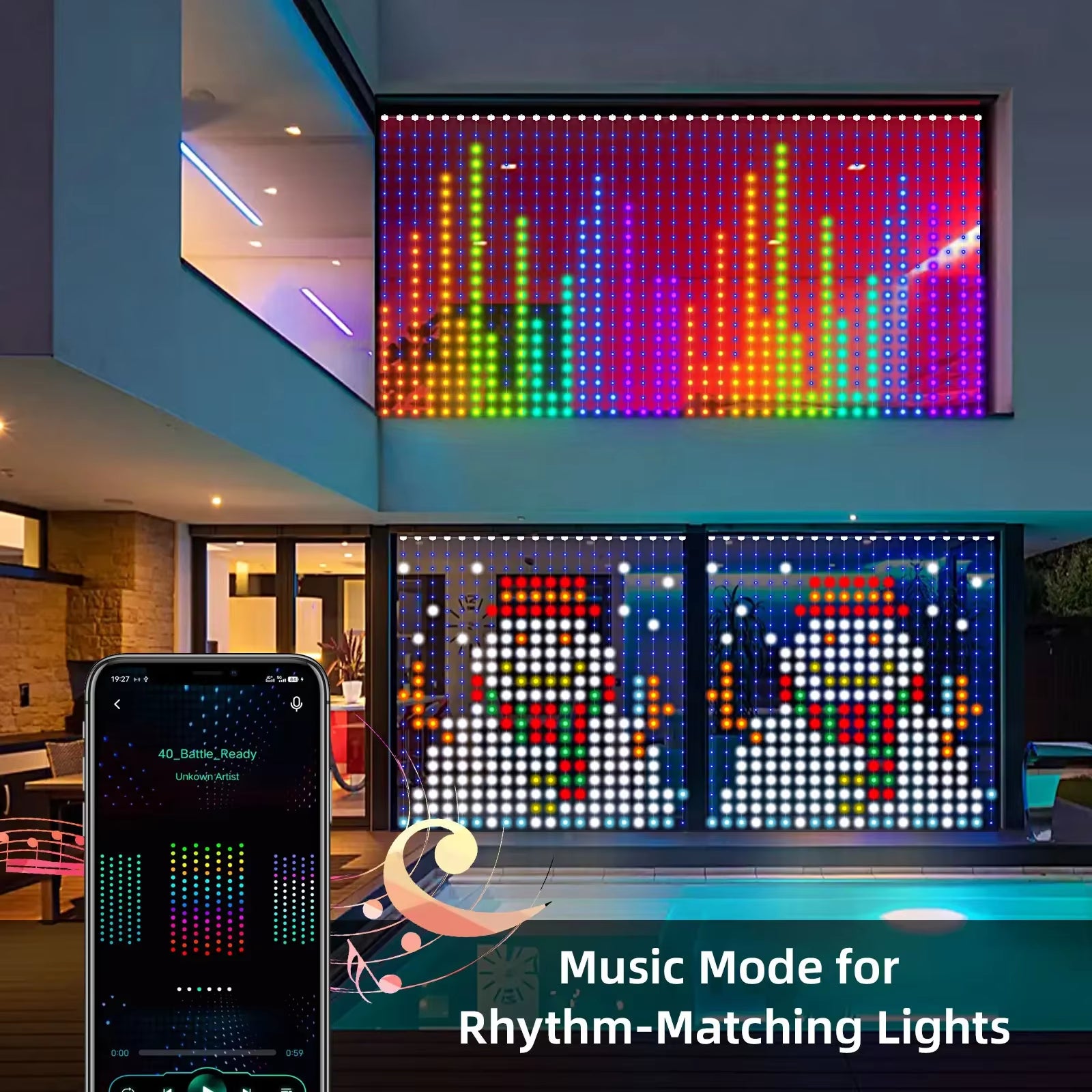 Christmas LED Curtain Lights Smart APP Controlled DIY Text Pattern Animation Display Music Change Light Garland Festival Decor