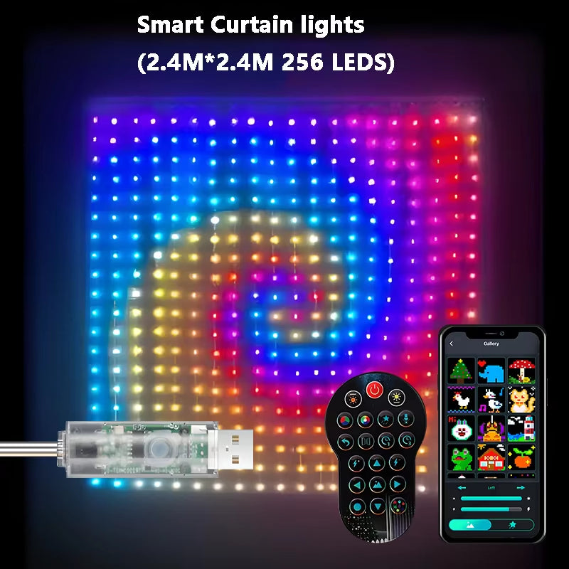 Christmas LED Curtain Lights Smart APP Controlled DIY Text Pattern Animation Display Music Change Light Garland Festival Decor