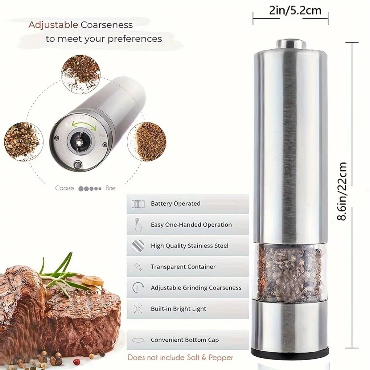 1/2PC Stainless Steel Electric Pepper Grinder Spices Sea Salt Kitchen Outdoor Barbecue Seasoning Coarser Adjustment Cooking Tool